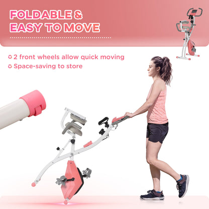 HOMCOM 2-in-1 Folding Exercise Bike with 8-Level Magnetic Resistance, Arm Resistance Band, Pulse Sensor, Pink