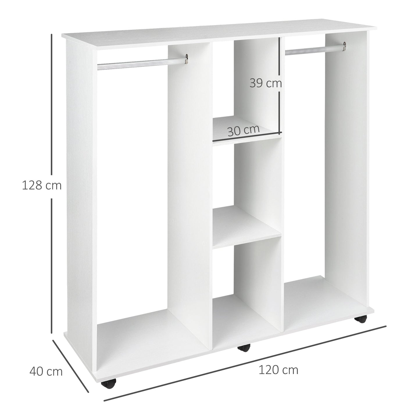 HOMCOM Open Wardrobe Double Mobile Storage Shelves Organizer W/6 Wheels-White