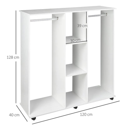 HOMCOM Open Wardrobe Double Mobile Storage Shelves Organizer W/6 Wheels-White