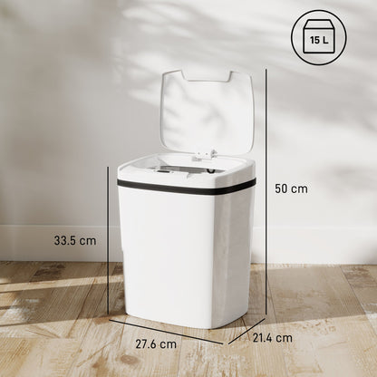 HOMCOM 15L Sensor Bin, Automatic Touchless Kitchen Bin, Easy Clean, Battery Operated for Home Office, Bedroom, Bathroom, White