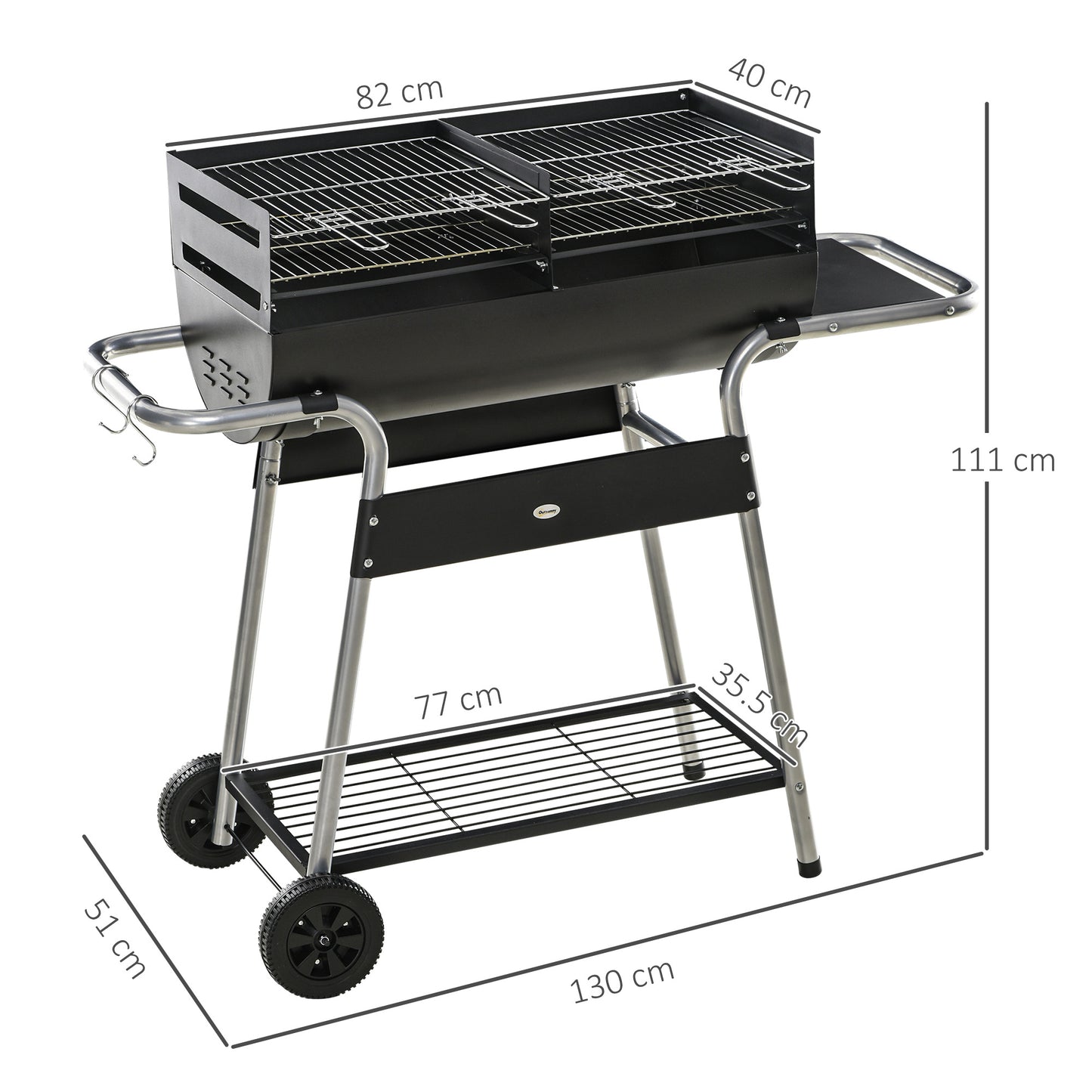 Wózek do grilla Outsunny z podwójnym grillem węglowym, regulowaną wysokością grilla, stolikiem bocznym, półką do przechowywania i kółkami do gotowania na świeżym powietrzu, 130 x 51 x 111 cm, czarny