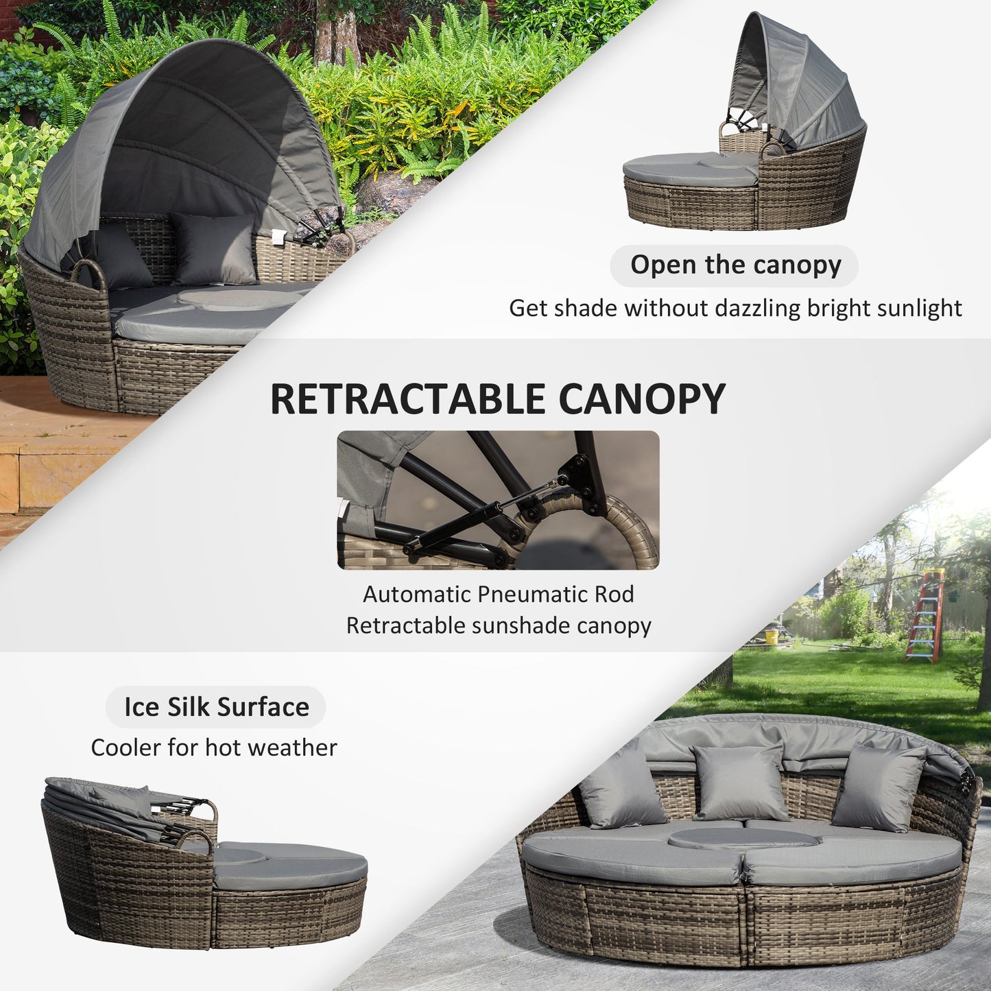 Outsunny Outdoor PE Rattan Garden Furniture with Cushioned, Patio Wicker Conversation Furniture Set, Round Daybed with Retractable Canopy, Coffee Table and Three Pillows, Dark Grey