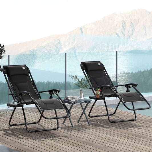 Outsunny Zero Gravity Lounger Chair Set of 2, składany rozkładany fotel ogrodowy z wyściełanym siedziskiem, uchwytem na kubek, miękką poduszką i zagłówkiem do użytku przy basenie, kempingowy, czarny