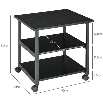 3-Tier Printer Stand with Storage Shelf, Mobile Printer Table on Wheels, 50 x 50 x 52.5cm Rolling Printer Cart for Home Office, Black