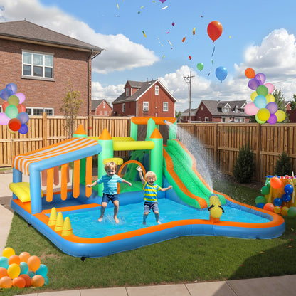 AIYAPLAY 8 in 1 Inflatable Bounce House with 550W Blower, Slide, 2 Pools, Basketball Hoop, Climbing Wall, Water Gun, Ring Toss