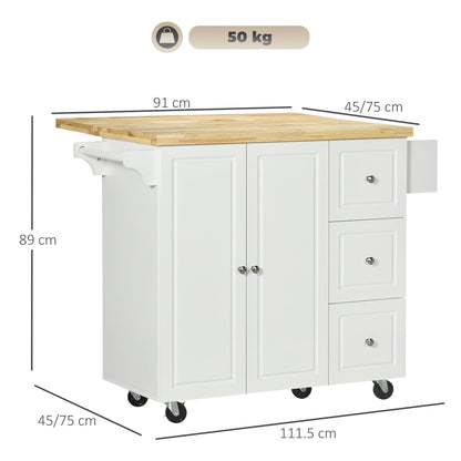 HOMCOM Drop-Leaf Kitchen Island on Wheels with Extendable Rubber Wood Worktop, Rolling Kitchen Storage Trolley, Utility Storage Cart with Drawers & Cabinet for Kitchen, Dining & Living Room, White