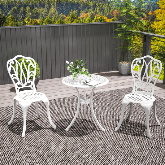 Outsunny 3-częściowy zestaw ogrodowy Bistro, zestaw mebli ogrodowych z odlewu aluminiowego z otworem na parasol na balkon, werandę, patio, biały