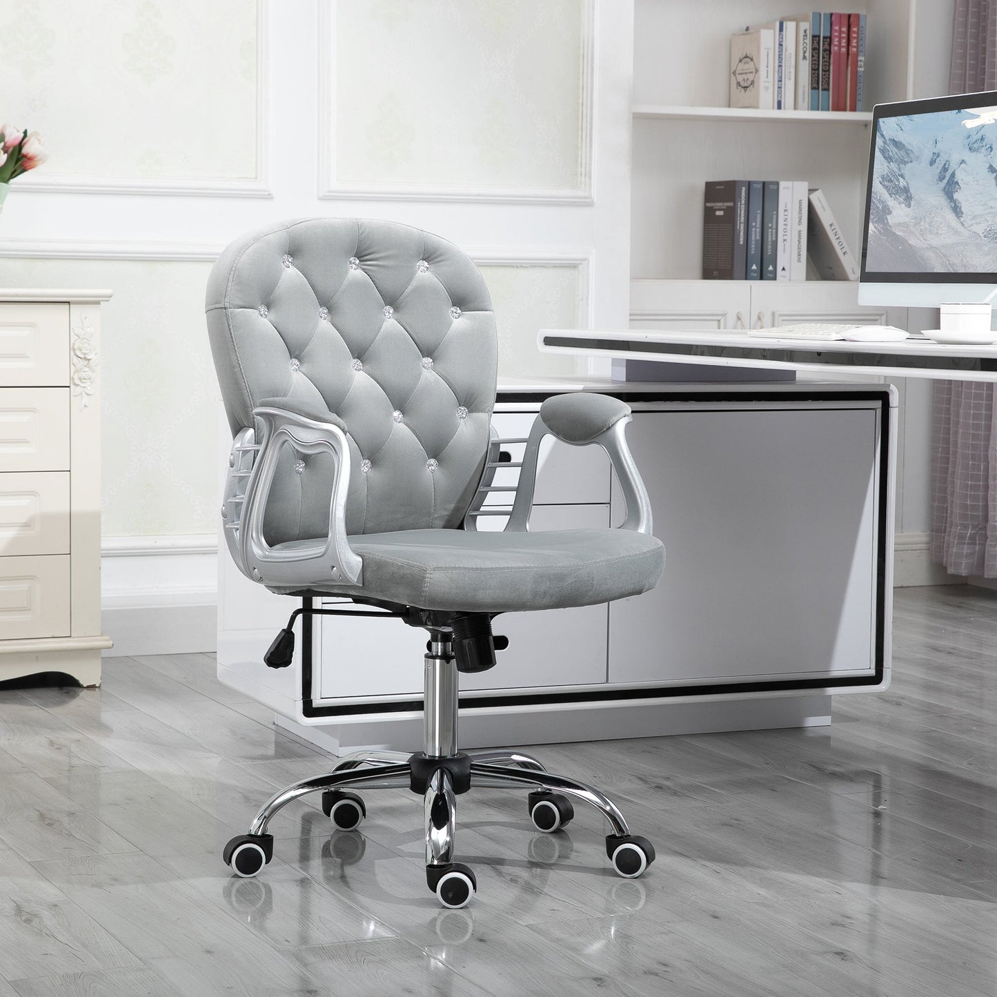 Vinsetto Office Chair with Diamond Tufted Velour, Adjustable Height, Computer Desk chair for Home Office, Grey