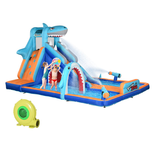 Outsunny 6 w 1 dmuchany zamek z motywem rekina, nadmuchiwany park wodny, ze zjeżdżalnią, basenem, trampoliną, dmuchawą, dla dzieci w wieku od 3 do 8 lat