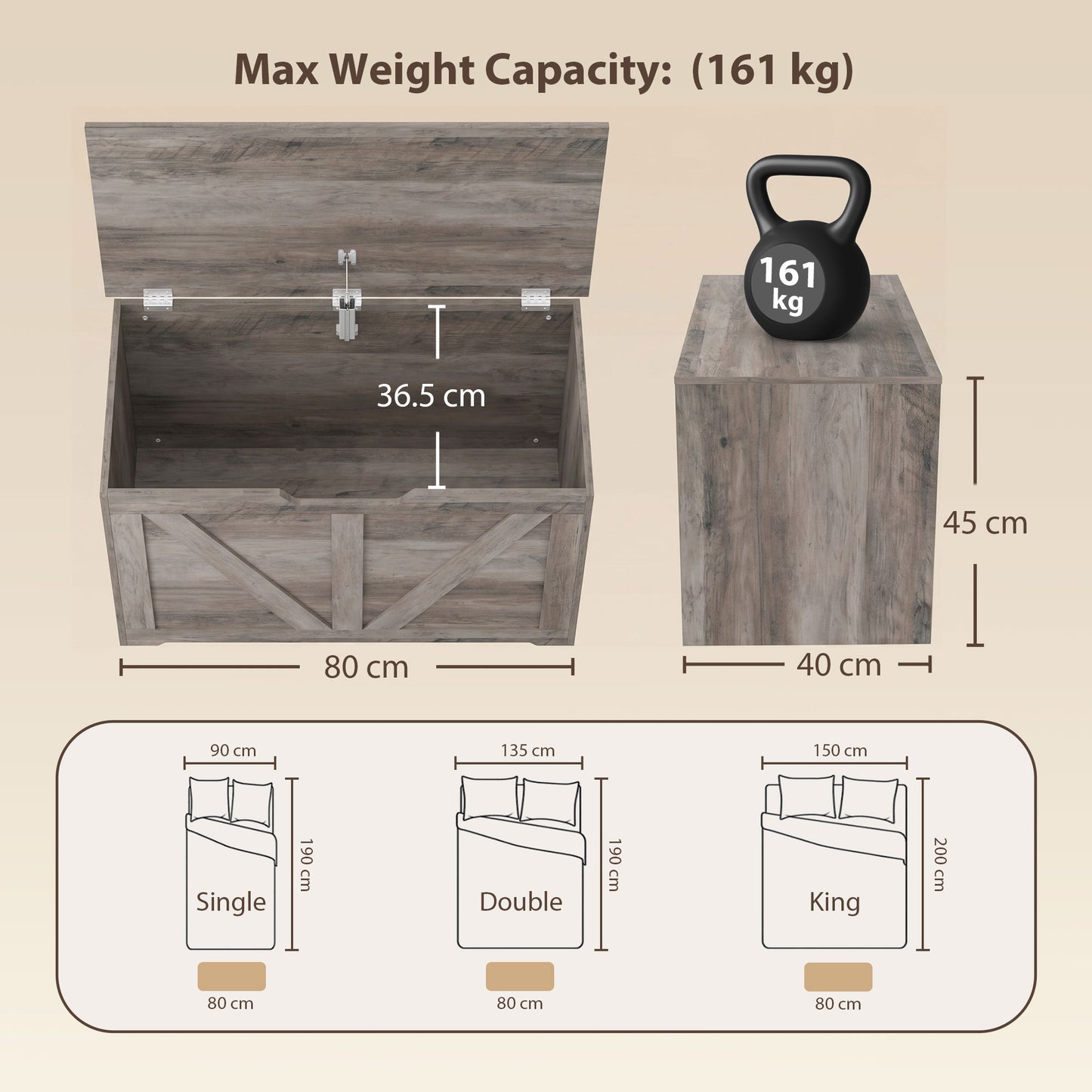 HOMCOM 100L Home Storage Box, with Safety Hinge - Grey Wood-Effect