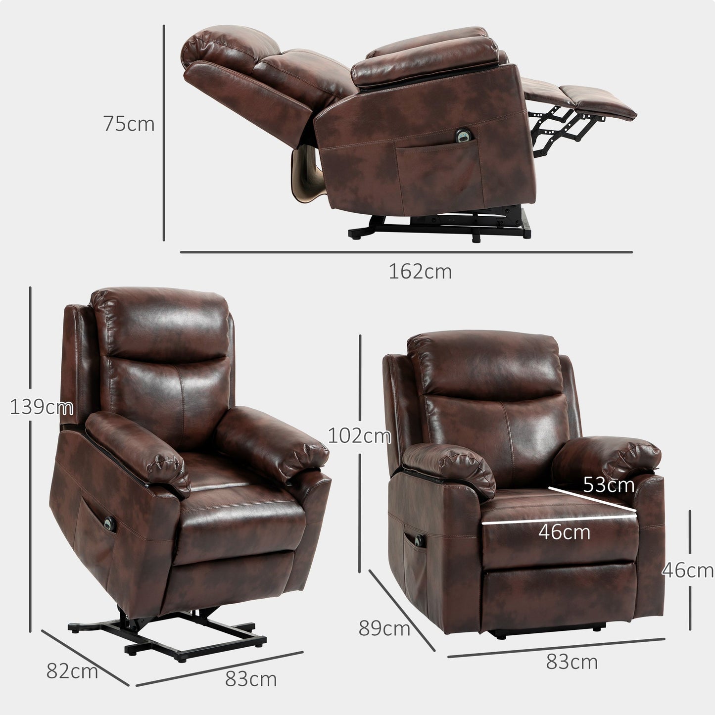 HOMCOM Faux Leather 70√Ç¬∞ Elektryczny fotel rozkładany Riser, Ciemny brąz