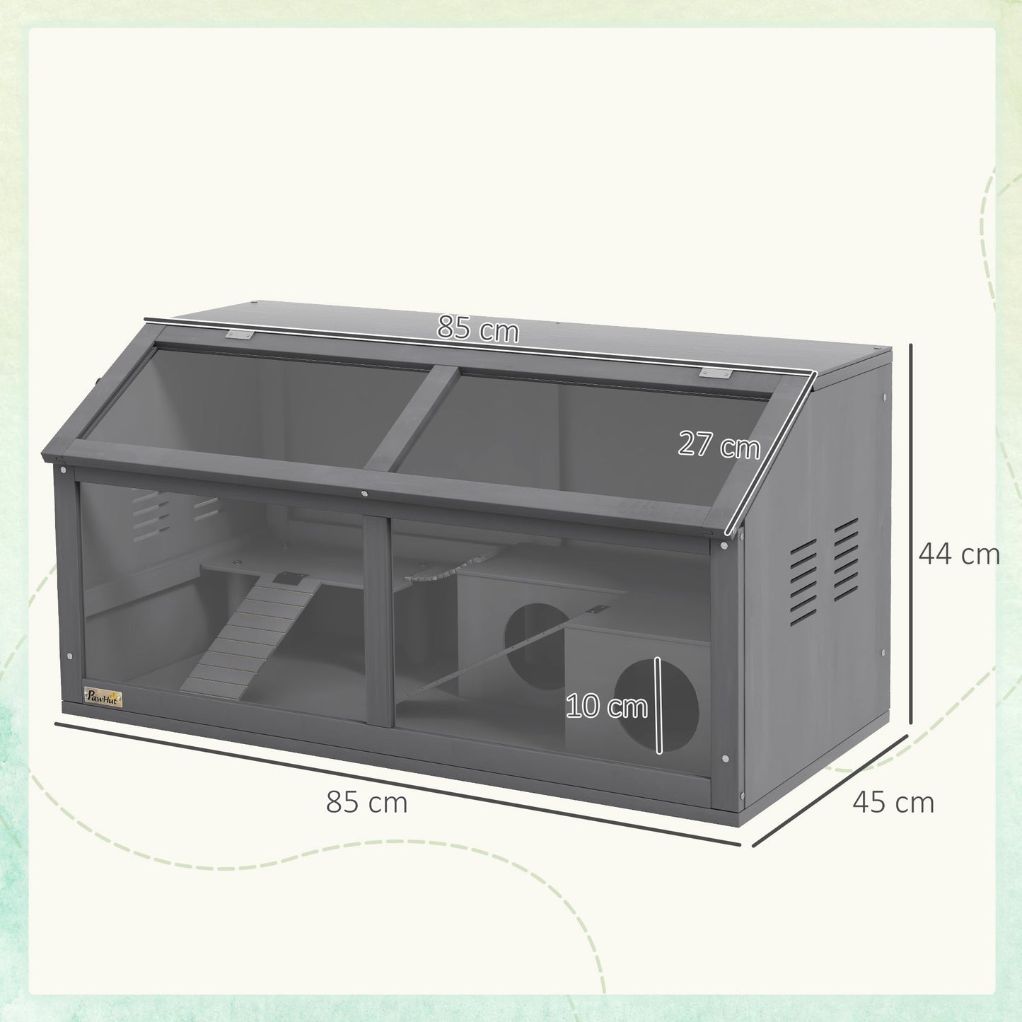 PawHut Hamster Cage, Wooden Small Animal Cage for Gerbils, Mice w/ Suspension Bridge, Openable Top, Hut, 85 x 45 x 44cm - Grey