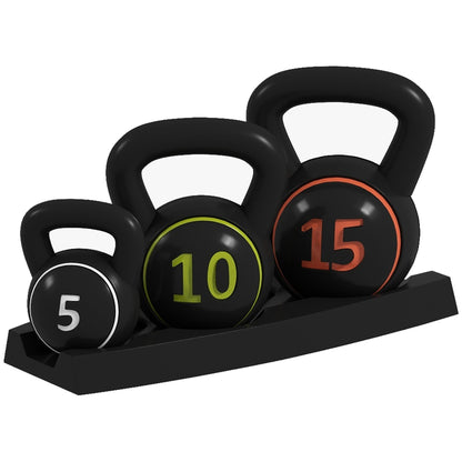 SPORTNOW Three-Piece Kettlebell Set, 5lbs, 10lbs, 15lbs with Storage Tray