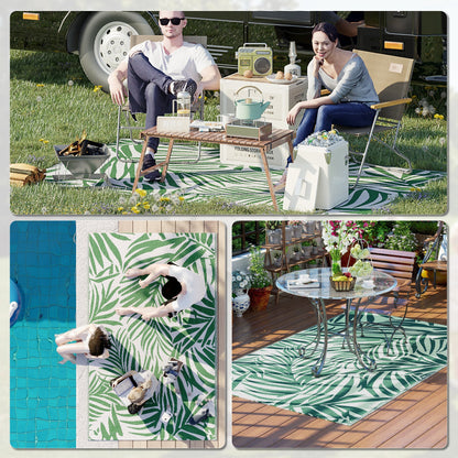 Outsunny Reversible Outdoor RV Rug, 1,5 x 2,4 m Patio Floor Mat, Wodoodporny plastikowy dywanik słomiany do ogrodu, na pokład, piknik, plażę, kemping, zielone liście, zielony i biały