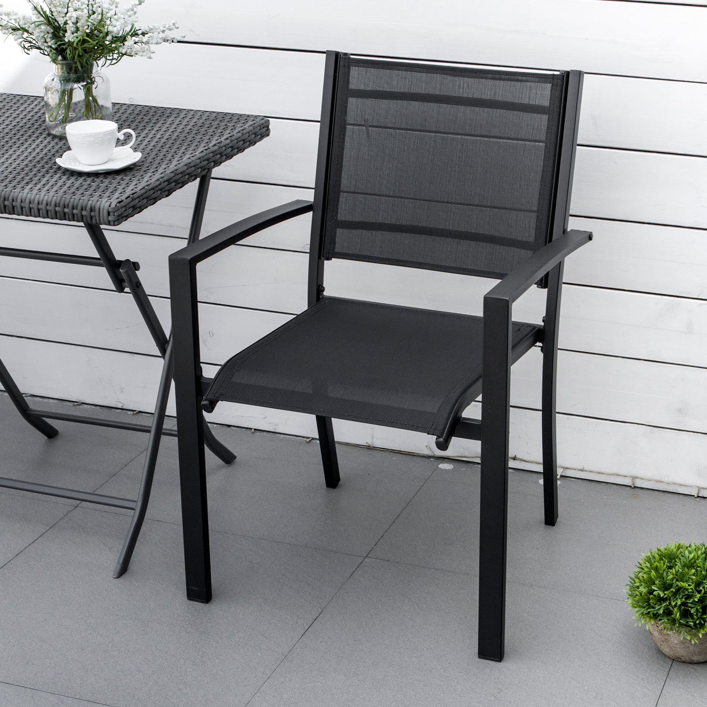 Set of 2 Outdoor Garden Chairs with Steel Frame Texteline Seats for Dining Patio Balcony Black