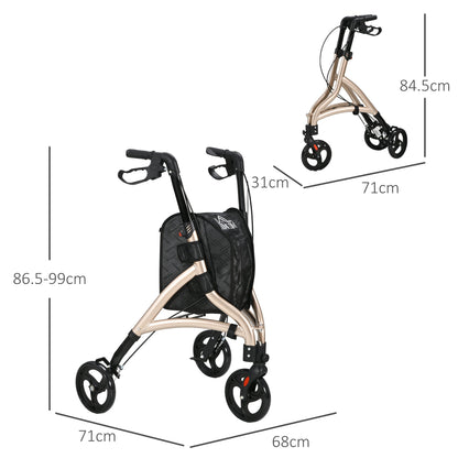 3 Wheel Rollator, Lightweight Aluminium Tri Walker with Adjustable Handle, Storage Bag and Dual Brakes, Folding Mobility Walking Aid for Elderly, Handicapped, 5.3kg, Gold Tone