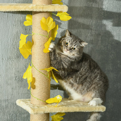 PawHut 242cm Adjustable Floor-To-Ceiling Cat Tree, with Artificial Decoration, Perches, Anti-Slip Kit - Yellow