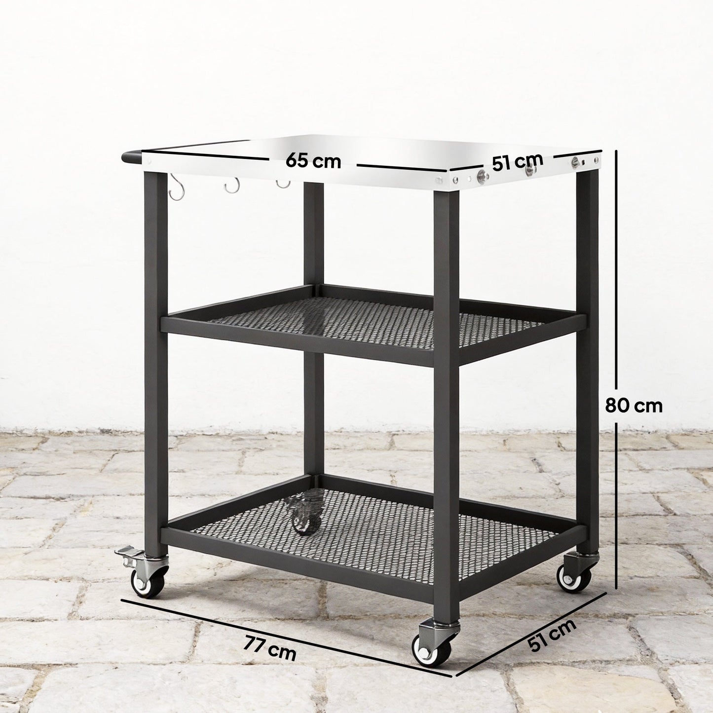 Outsunny Outdoor Grill Cart with Stainless Steel Tabletop, 3-Tier Pizza Oven Stand with Adjustable Shelf, Hooks, Wheels, Black