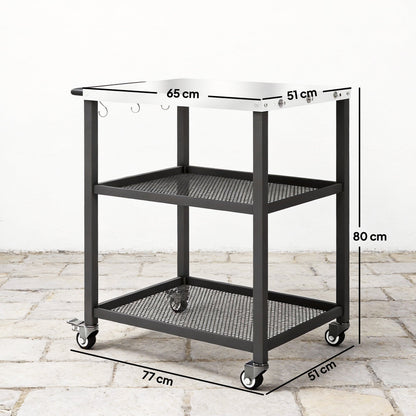 Outsunny Outdoor Grill Cart with Stainless Steel Tabletop, 3-Tier Pizza Oven Stand with Adjustable Shelf, Hooks, Wheels, Black