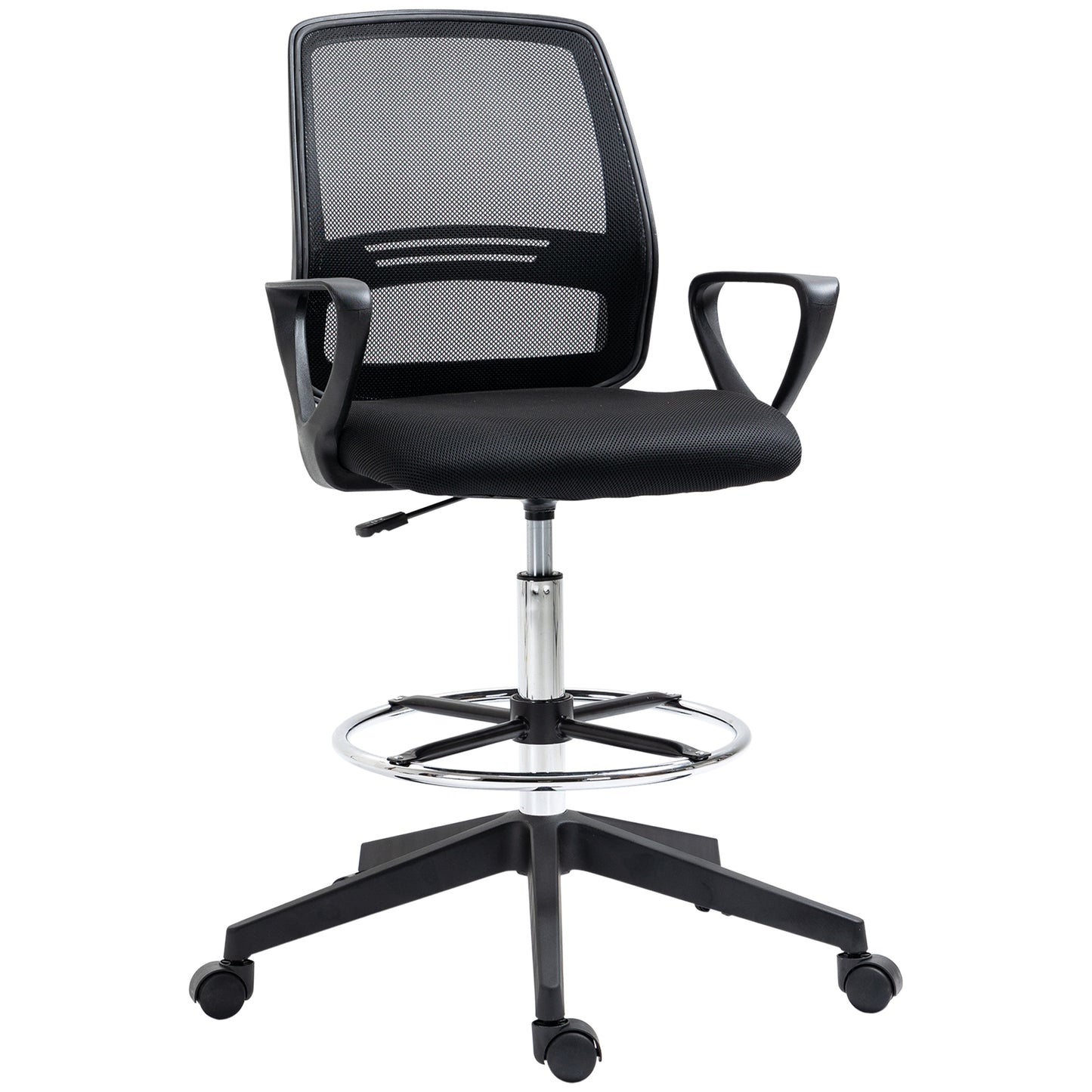 Vinsetto Drafting Chair, Ergonomic Tall Office Chair with Mesh Back, Lumbar Support, Adjustable Height and Foot Ring, Swivel Wheels, for Standing Desk, Black