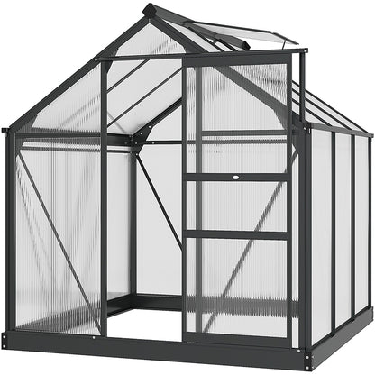 Outsunny 6 x 6ft Poliwęglanowa szklarnia, duża szklarnia z drzwiami przesuwnymi i oknem, domek do uprawy roślin ogrodowych z aluminiową ramą i fundamentem, szary