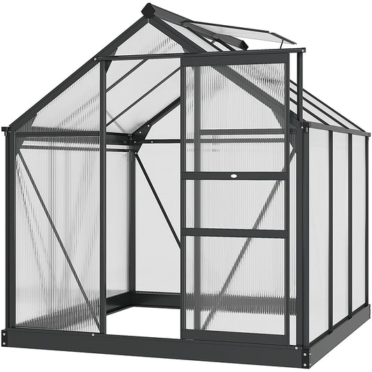 Outsunny 6 x 6ft Poliwęglanowa szklarnia, duża szklarnia z drzwiami przesuwnymi i oknem, domek do uprawy roślin ogrodowych z aluminiową ramą i fundamentem, szary