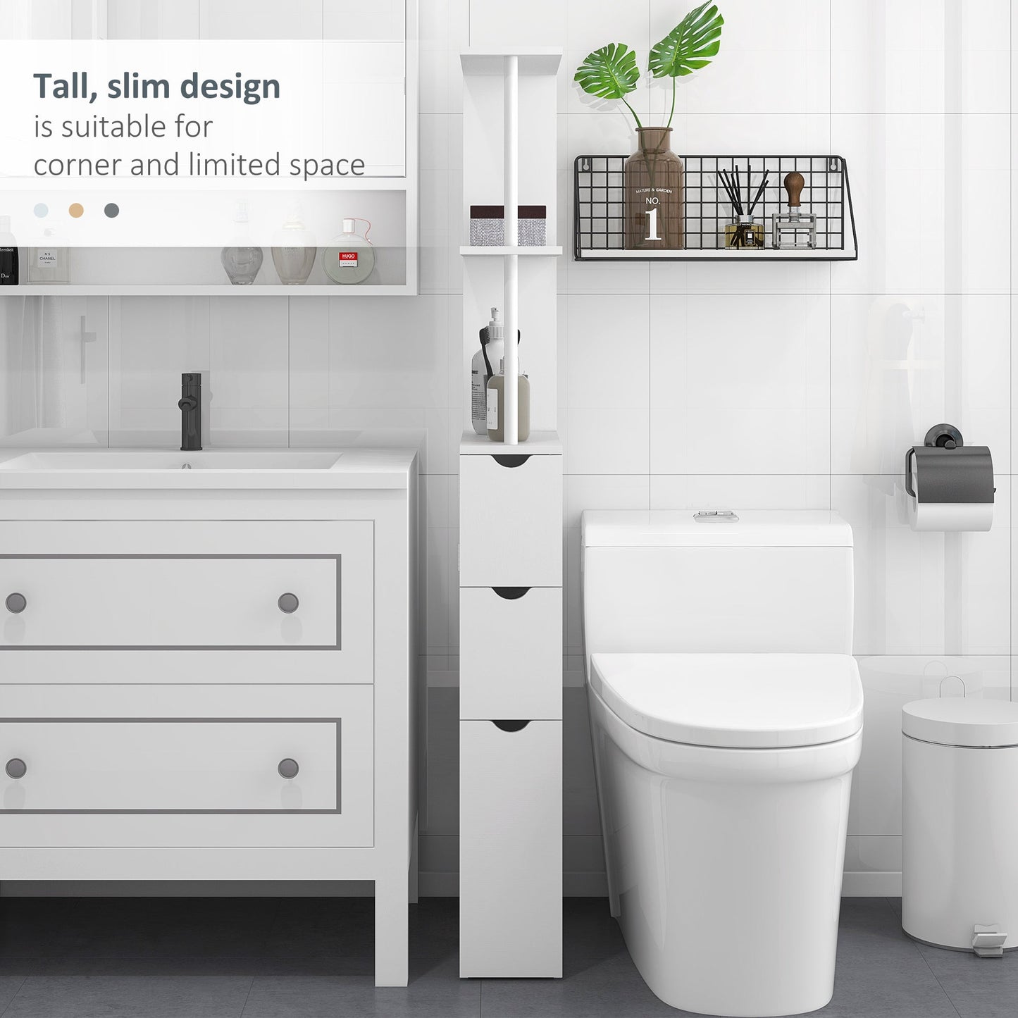 HOMCOM Slim Bathroom Storage Cabinet with Drawers, Tall Bathroom Cupboard with 2-Tier Shelf, White