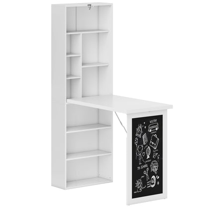 HOMCOM Wall Mounted Computer Desk, Folding Study Table with Black Board and Bookshelf, Multifunctional Floating Writing Desk for Home Office, White
