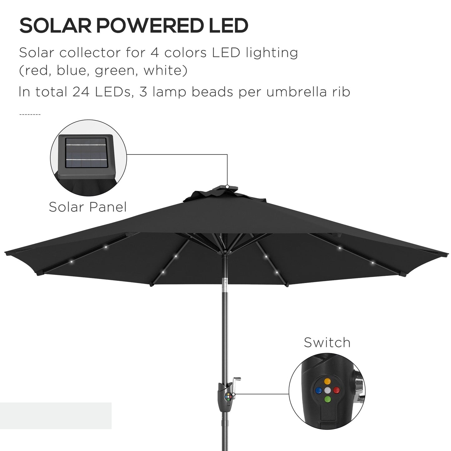 Outsunny Φ2.7m Garden Parasol Solar Outdoor Sun Umbrella Patio Sun Shade w / 24 LED Light، كرنك اليد و 8 أضلاع، أسود