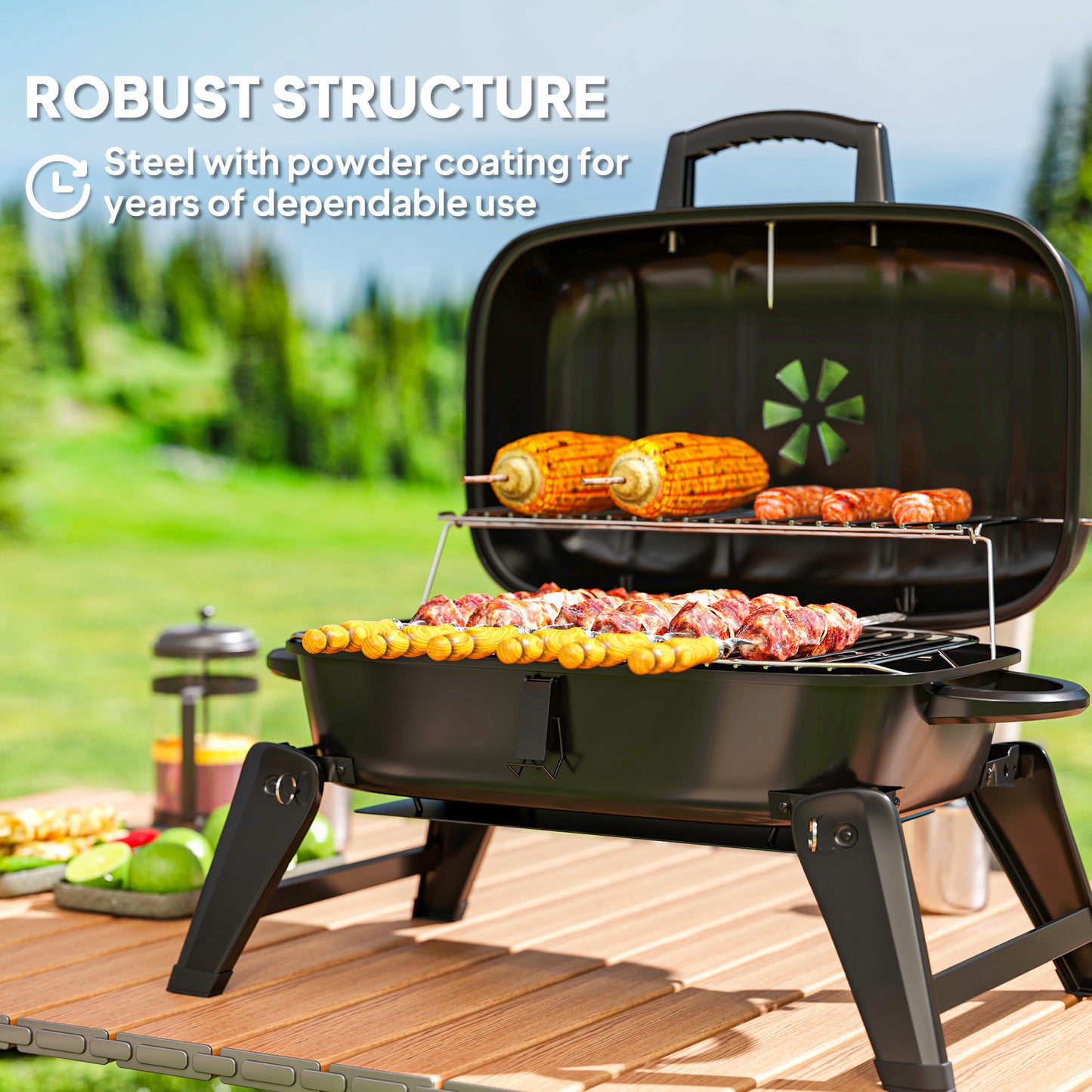 Outsunny Charcoal Barbecue Grill Folding BBQ Grill with 1232 cm√Ç¬≤ Cooking Area, Adjustable Vent, Thermometer, Handles for Camping Picnic, Black