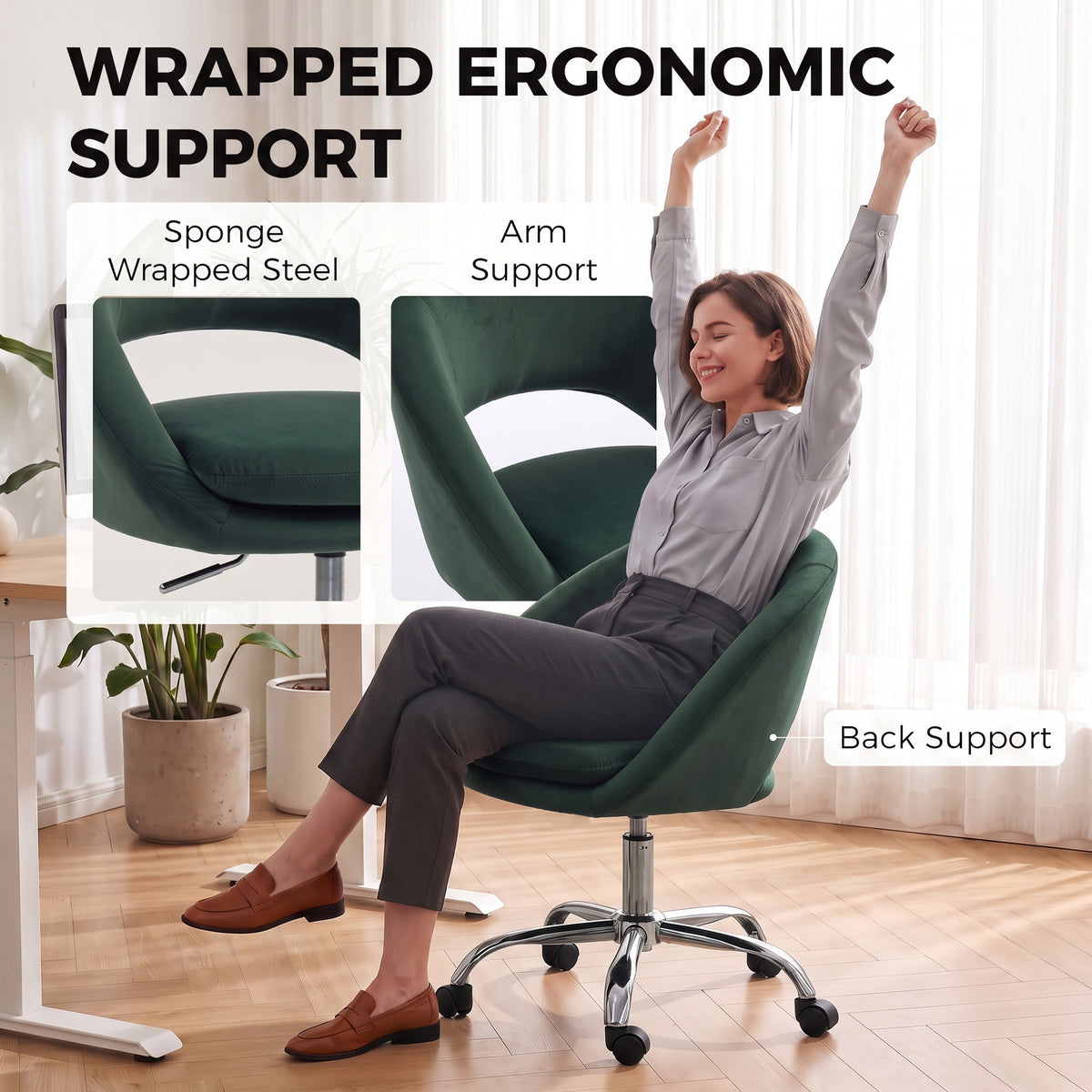 HOMCOM Velvet Desk Chair, Modern Office Chair with Height-Adjustable, Wheels, for Home Study Bedroom, Dark Green
