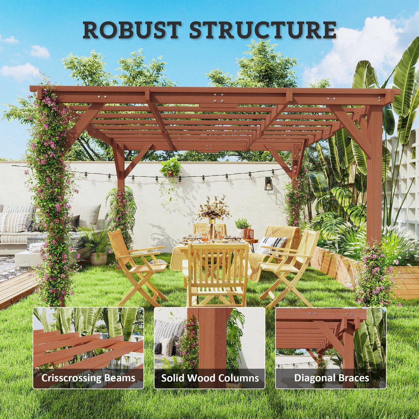 Zestaw pergoli drewnianej Outsunny 3,3 x 3,3 m, altana Graden Pergola, kratka na winorośl ze stabilną konstrukcją dla pnączy, kwiaty