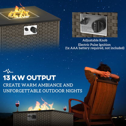Outsunny Rattanowy stół z paleniskiem gazowym do ogrodu, 13 kW bezdymny palenisko propanowe z pokrywą, kwadratowy stolik kawowy do ogrodu z podgrzewaczem tarasowym na zewnątrz, patio, 58 x 58 x 33 cm, szary