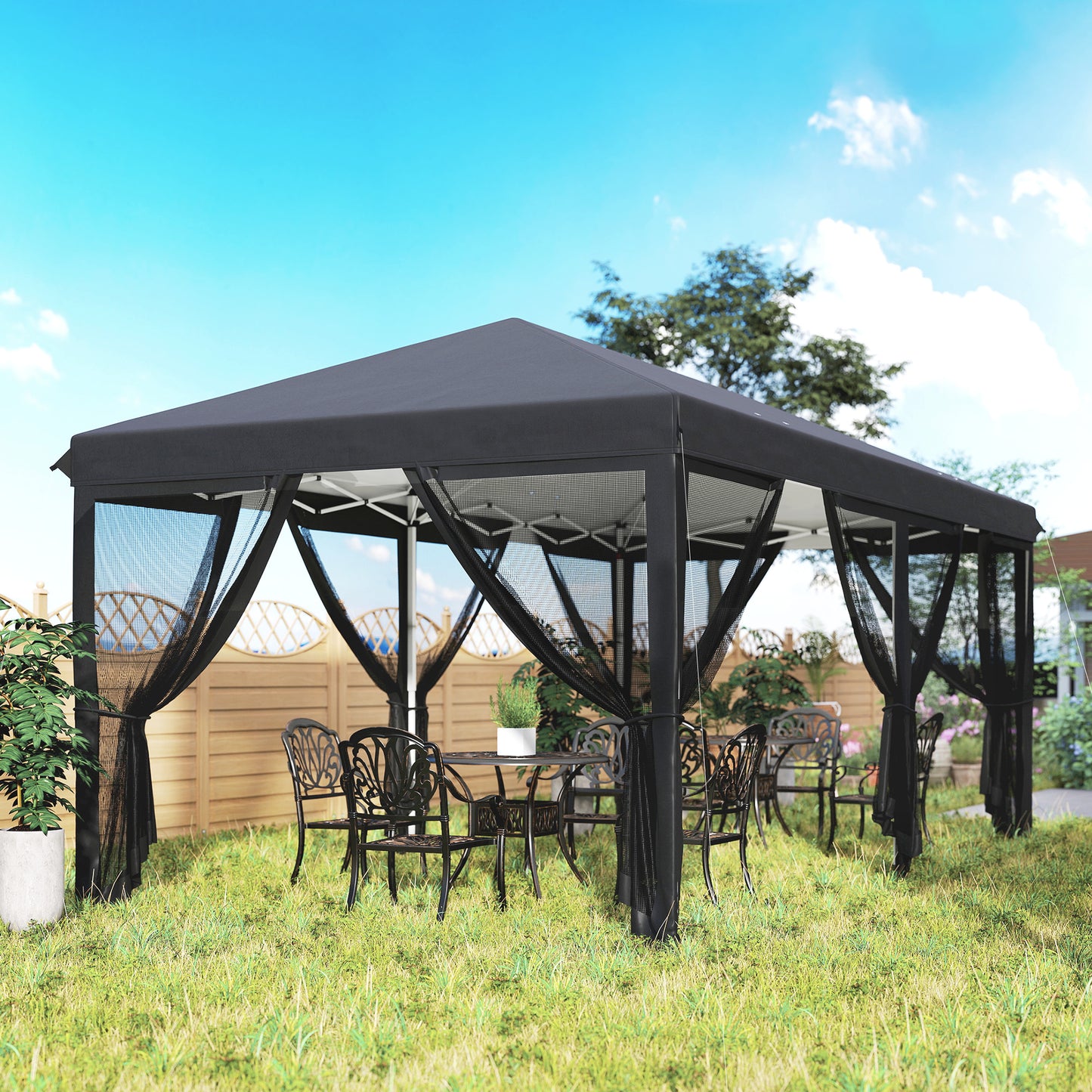 Outsunny 3 x 6m Pop Up Gazebo, zadaszenie zewnętrzne, namiot imprezowy na wesele z 6 ściankami z siatki i torbą transportową, czarny