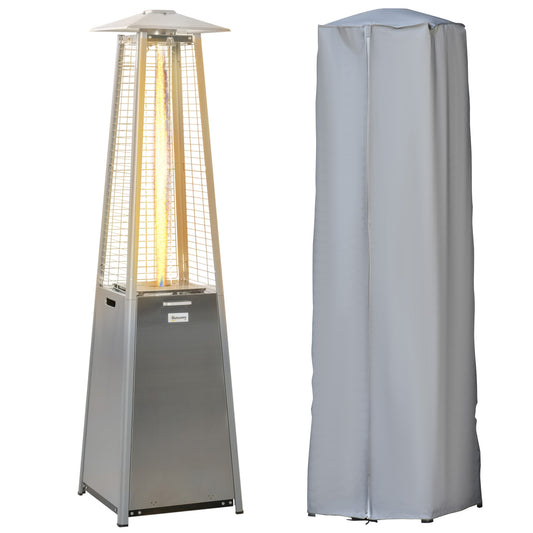 Outsunny 11,2 kW, zewnętrzny, tarasowy, gazowy, stal nierdzewna, piramida, propan, wolnostojący, wieżowy grzejnik ogrodowy z kółkami, osłoną przeciwpyłową, regulatorem i wężem, srebrny