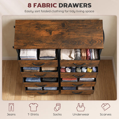 HOMCOM Chest of Drawers, Dresser for Bedroom with 8 Fabric Drawers, Tall Storage Unit w/ Side Storage Bag, Rustic Brown