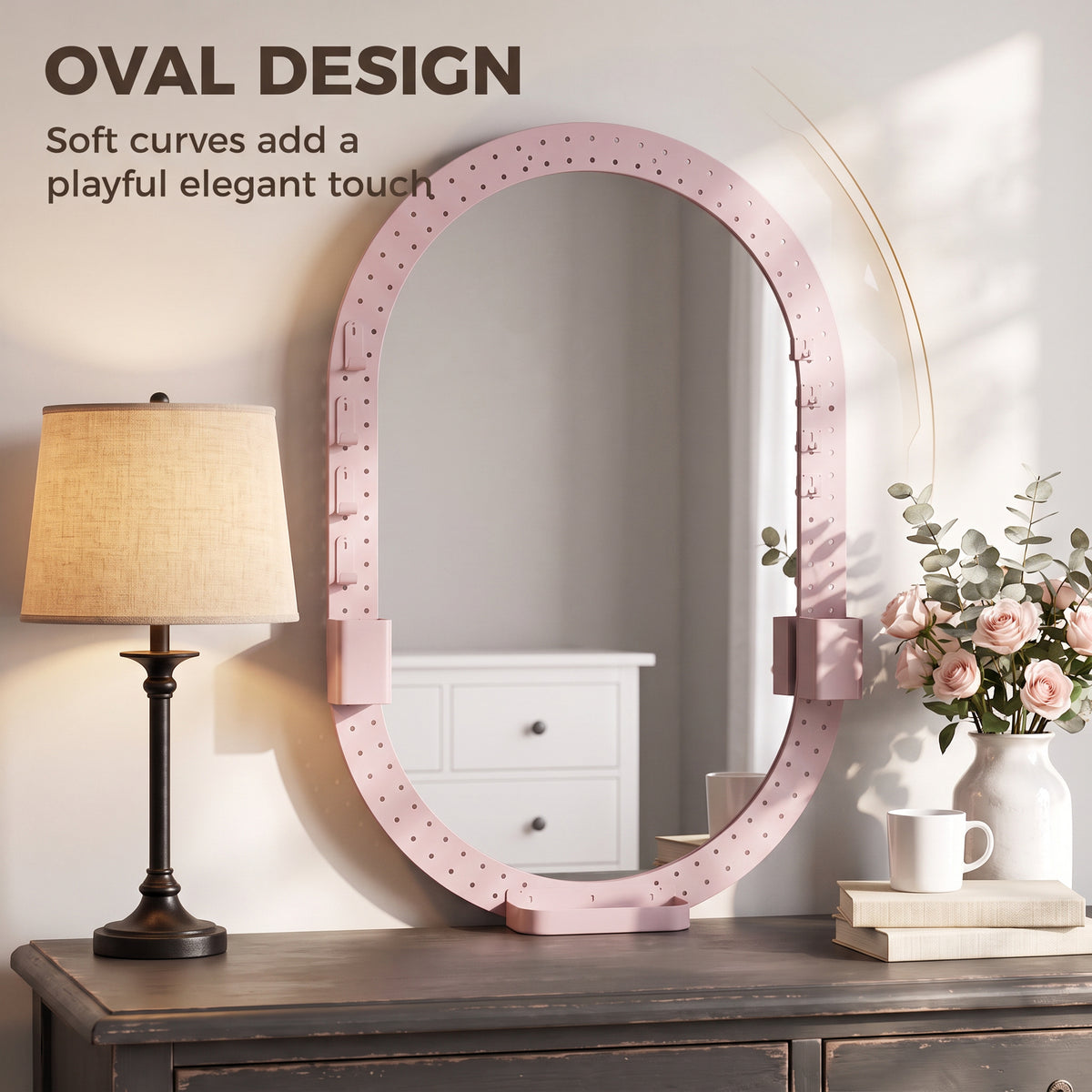 HOMCOM Oval Wall Mirror, 60 x 90 cm Decorative Hanging Mirror with Pegboard Frame, Wall-Mounted, Pink