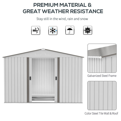 Outsunny 9 x 6FT Garden Storage Shed, Metal Outdoor Storage Shed House with Floor Foundation, Ventilation & Doors, Grey