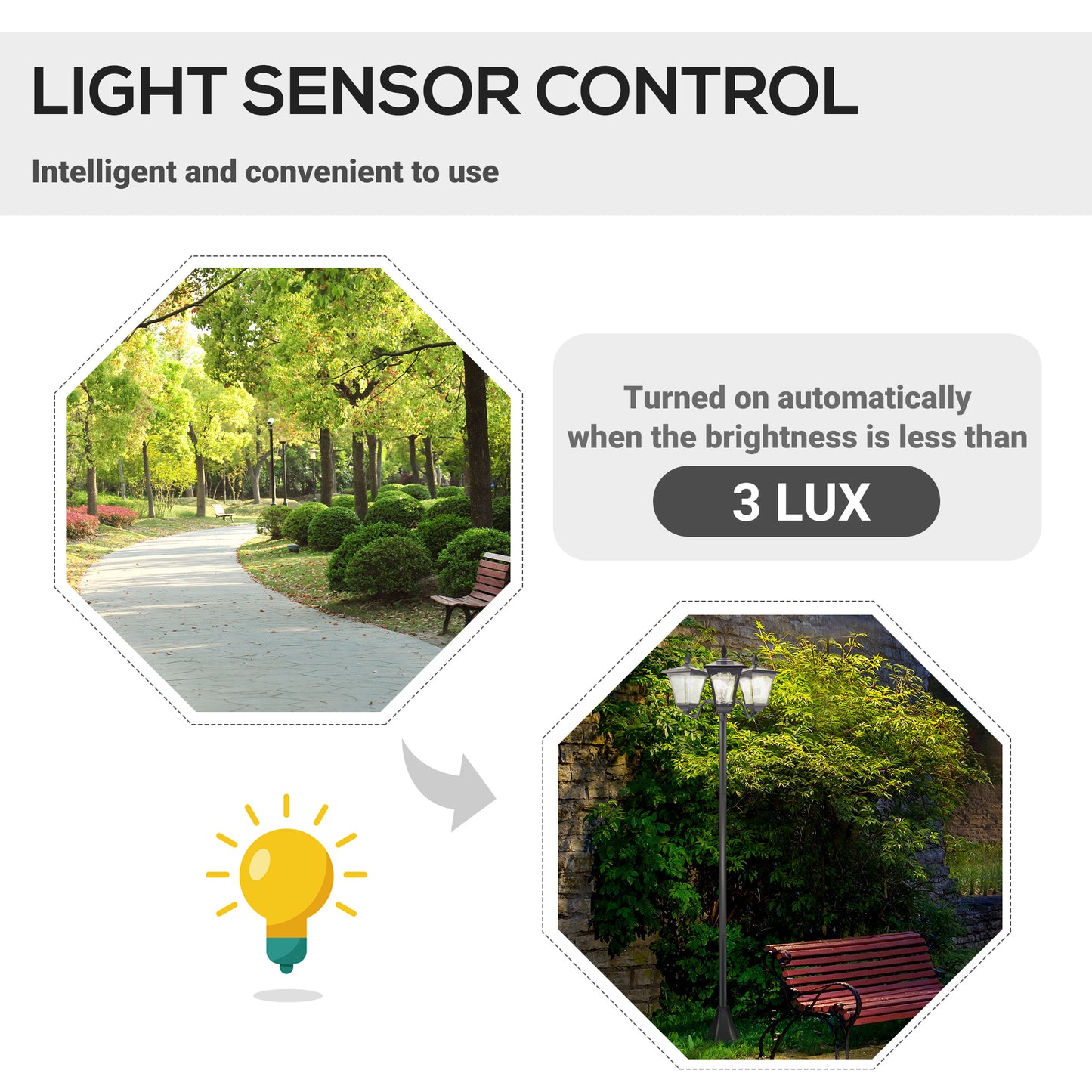 Outsunny 1.8m Traditional Victorian Style 3 Way Head Outdoor Garden Solar Post Lamp Sensor Dimmable LED Lantern Bollard Pathway IP44 √¢‚Ç¨‚Äú Black