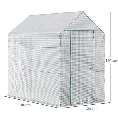 Outsunny Walk In Greenhouse z 2-poziomowymi półkami, zwijane drzwi z panelem Zip, ogrodowy tunel foliowy Steeple Grow House na zewnątrz, 6 x 4 x 6 stóp, biały