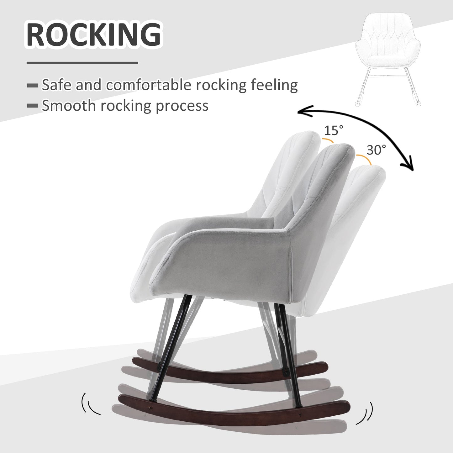 Rocking Chair Reading Accent Armchair with Steel Frame Sponge Padded for Living Room, Dining Room, Office, Balcony, Grey and Black