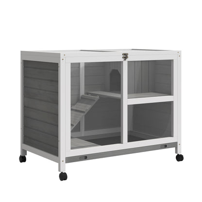 PawHut Wooden Rabbit Hutch Indoor with Wheels, Openable Roof, 91.5 x 53.3 x 73 cm, Grey