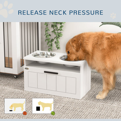 PawHut Raised Dog Bowl with Slow Feeder, Two Stainless Steel Dog Bowls, Drawer, for Large and Extra Large Dogs, White