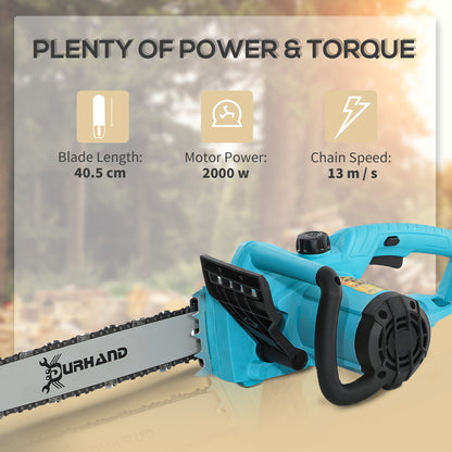 DURHAND 2000W Powerful Electric Chainsaw, 16" Aluminium Blade Portable Corded Chain Saw, 7250rpm Chain Saw for Garden Tree Pruning, 13m/s Chain Speed Auto Chain Lubrication to Cut Wood, Blue