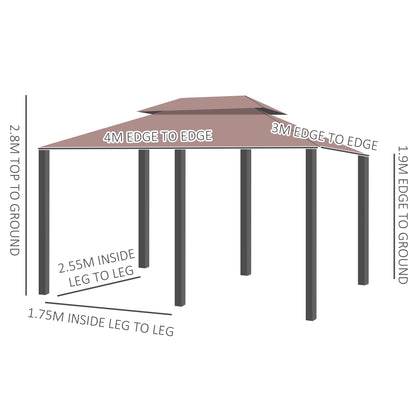 Outsunny 4m x 3(m)Garden Gazebo, Double Roof Outdoor Gazebo Canopy Shelter with Curtains, Solid Steel Frame for Patio, Garden, Brown