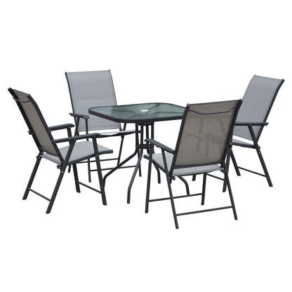 Outsunny 5 Piece Classic Outdoor Dining Set Steel Frames w/ 4 Folding Chairs Glass Top Table Texteline Seats Parasol Hole Garden Dining Black Grey