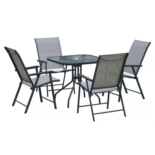 مجموعة طعام خارجية مكونة من 5 قطع من Outsunny Garden Patio، 4 كراسي قابلة للطي، طاولة زجاجية مع فتحة مظلة، مقاعد Texteline باللون الرمادي