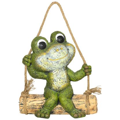 Outsunny Hanging Garden Statue, Vivid Frog on Swing Art Sculpture, Outdoor Ornament Home Decoration, Green