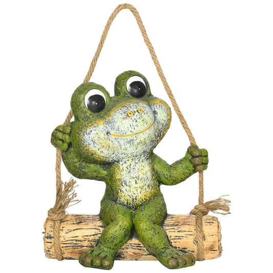 Outsunny Hanging Garden Statue, Vivid Frog on Swing Art Sculpture, Outdoor Ornament Home Decoration, Green