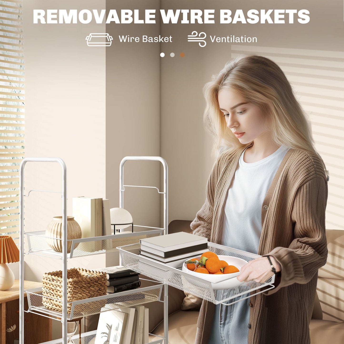 HOMCOM Five-Steel Mesh Basket Storage Trolley, with Wheels - White